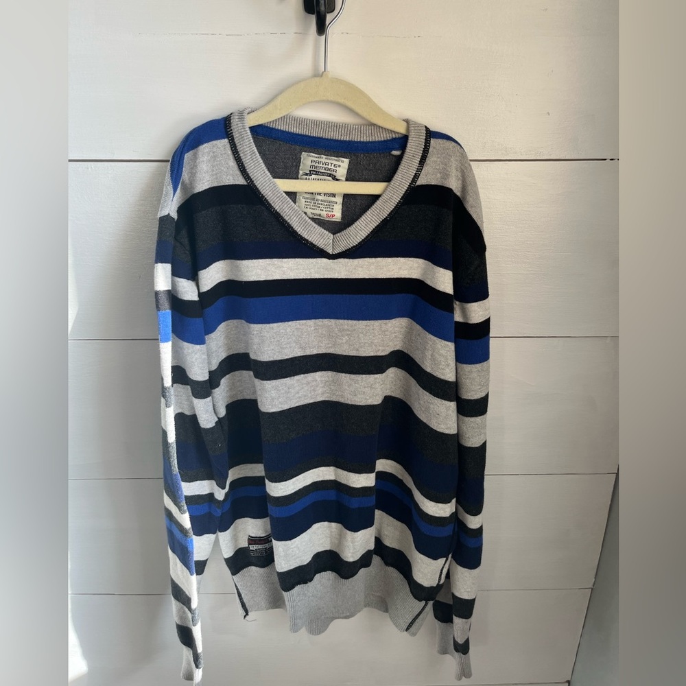 Striped V-Neck Sweater in Blue, Gray & Black